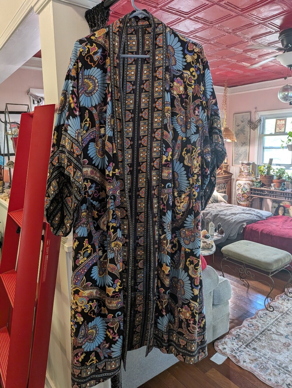 Source Unknown Black Floral Kimono Coat with Blue and Gold Accents